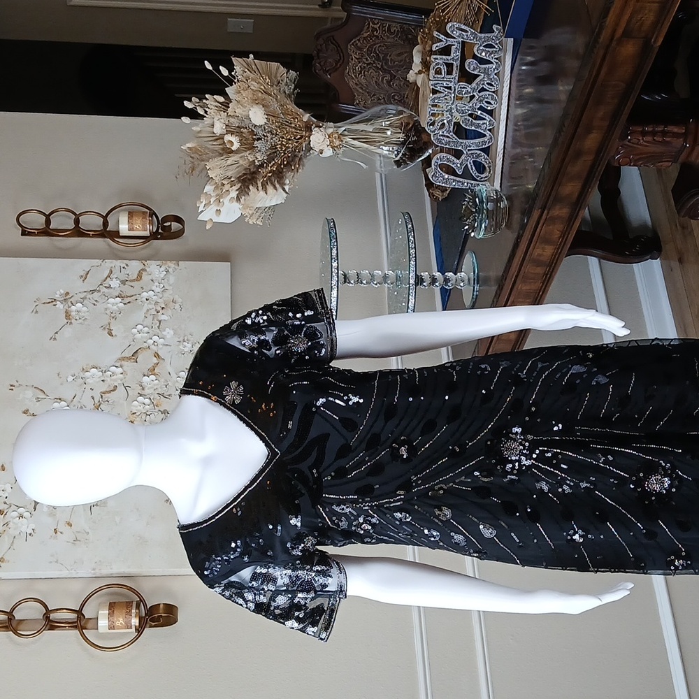 New Black Beaded Gatsby Flapper Cocktail V-neck Dress By Yessa. Size L - Picture 8 of 17
